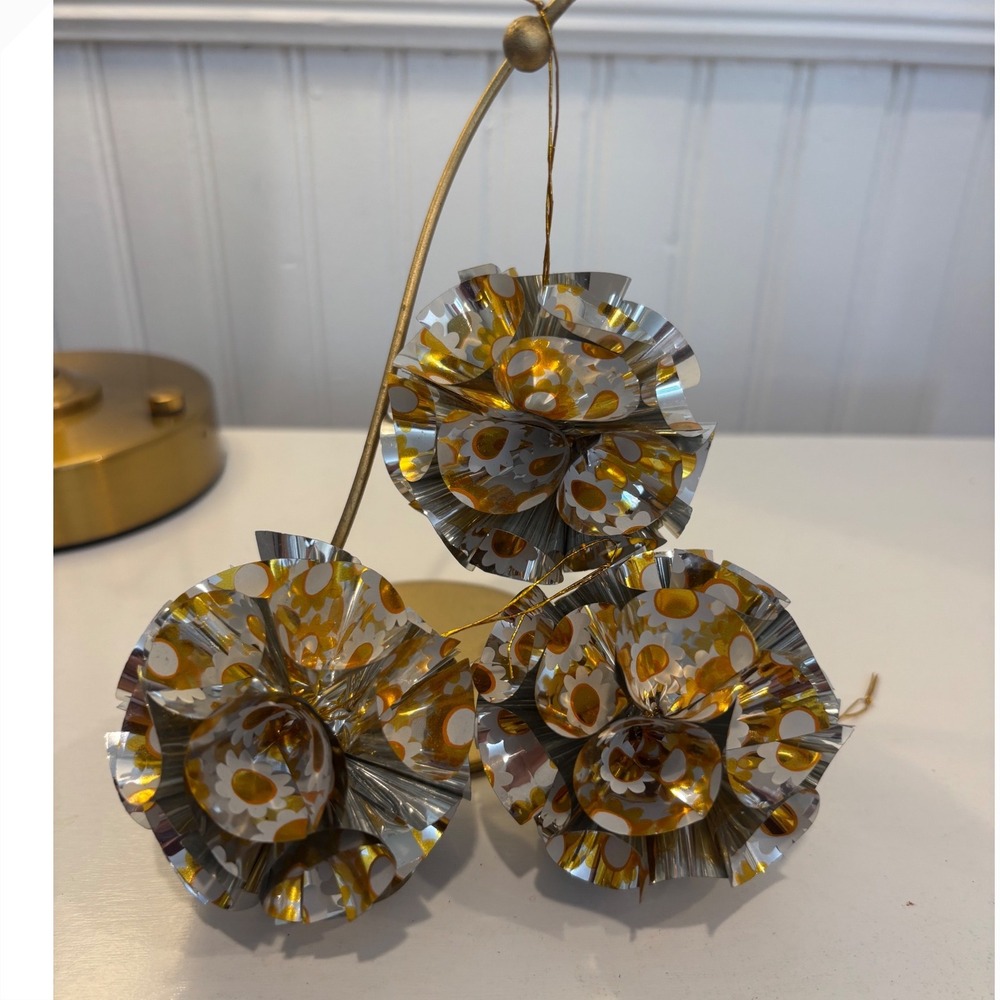 Vintage MCM Metallic Foil Flower Ornaments Silver Gold Daisy Tinsel Set of 3